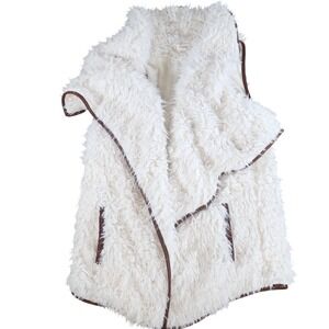 Wishlist Women Cream Fuzzy Faux Fur Vest Brown Trim Open Front Pockets size M L